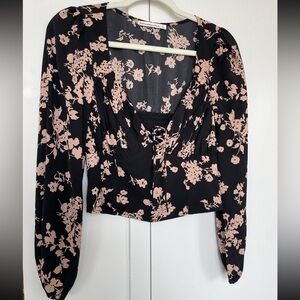 Abercrombie & Fitch Black Blush Floral Tie-Front Long Sleeve Top
